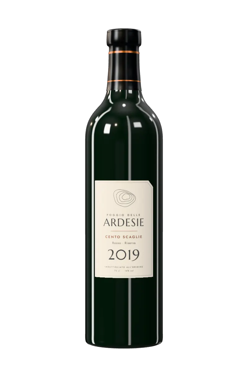 Bottiglia bordolese scura di Cento Scaglie 2019, Rosso Riserva, con l'etichetta color gesso e le curve di livello del poggio