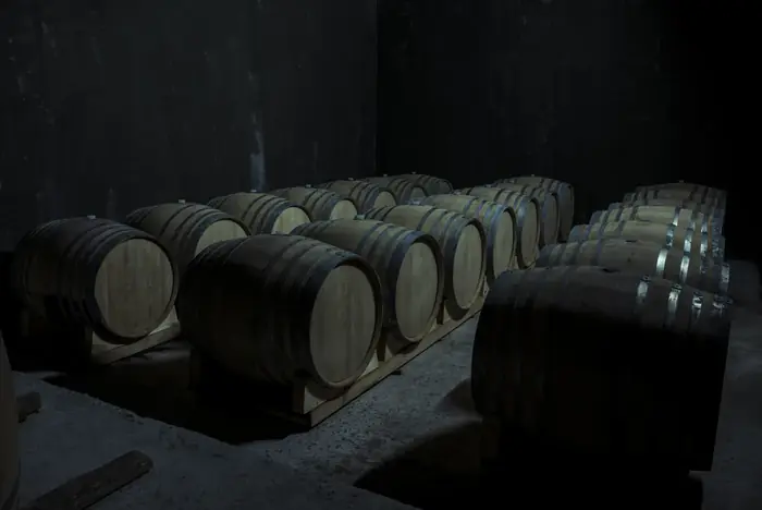 File di botti nella cantina scavata nella roccia, in penombra
